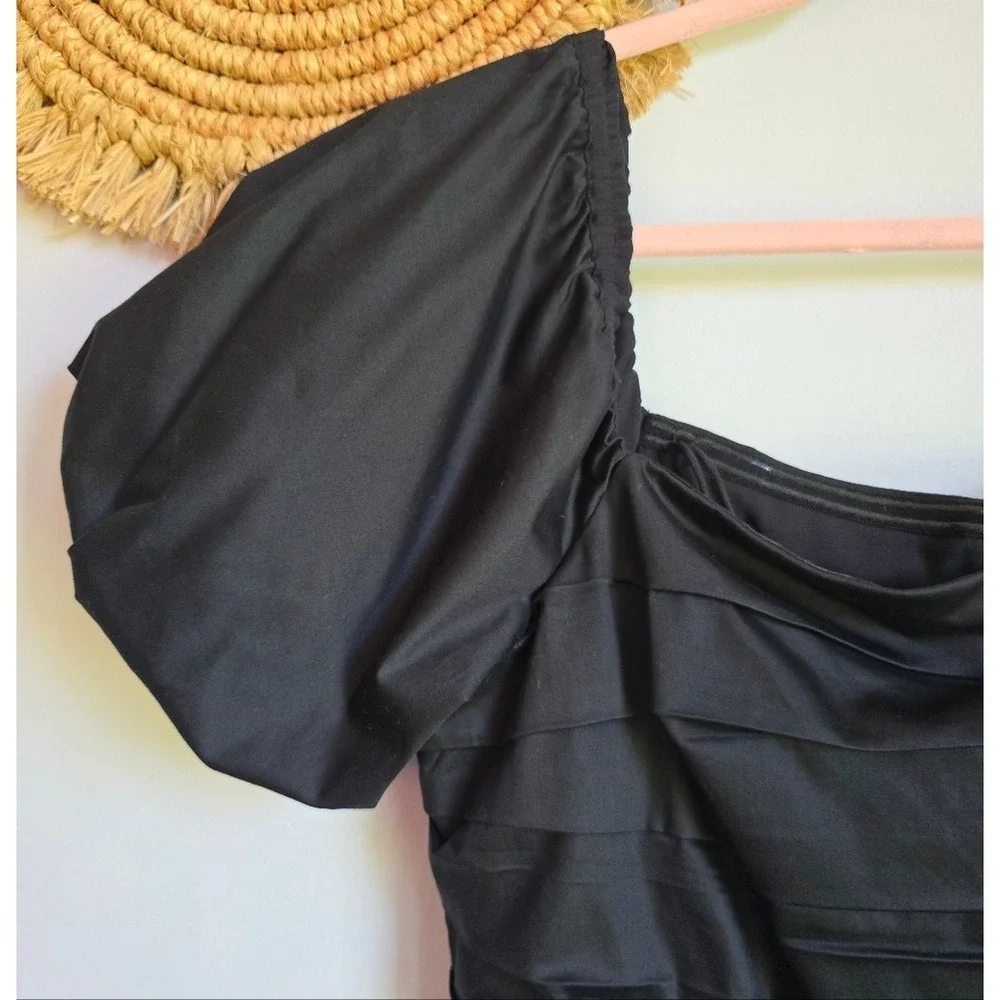 Elie Tahari Black Topaz Puff Sleeve Pleated Poplin Midi Dress SZ 10 Minimalist